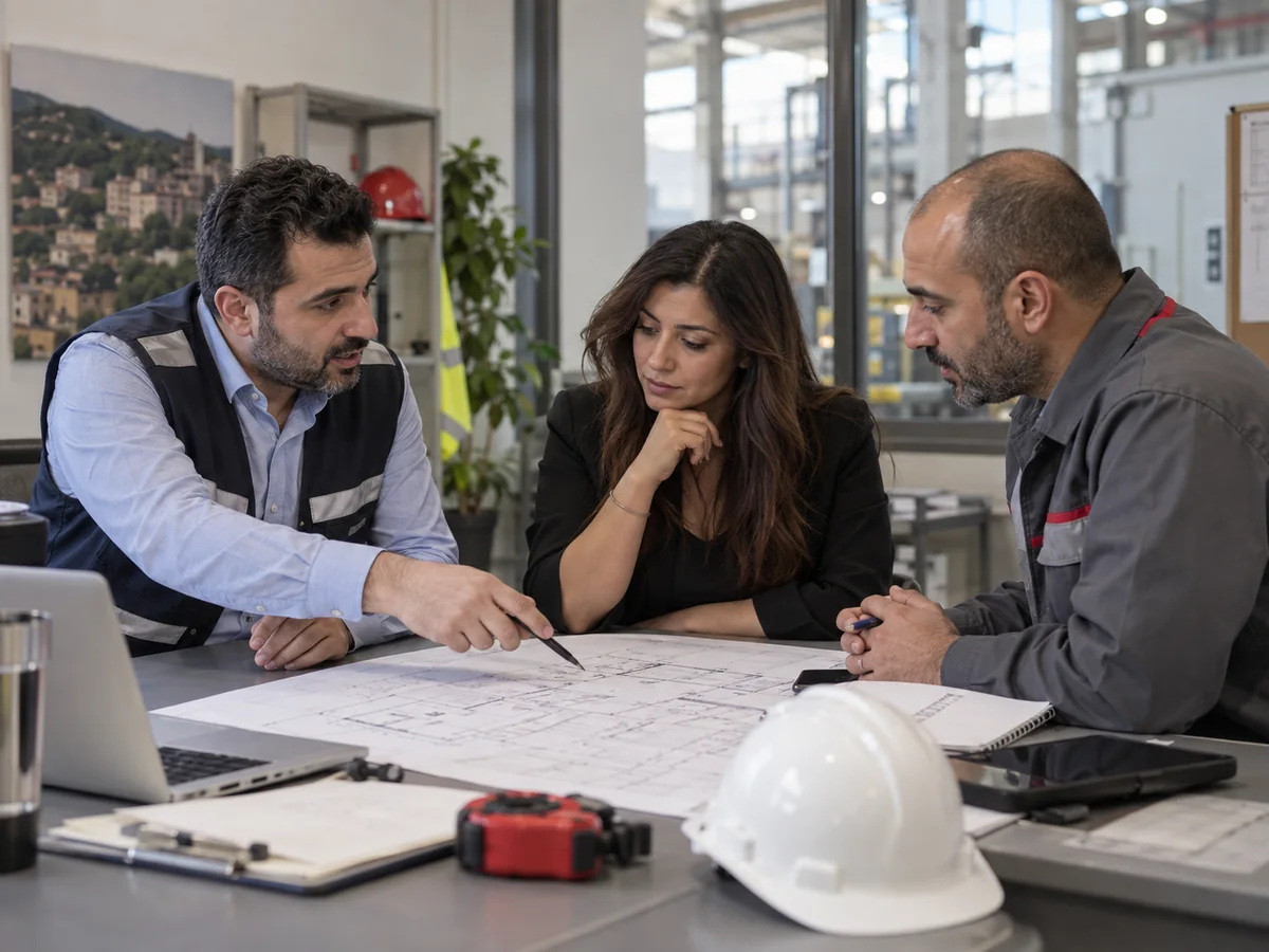 Organizational representatives reviewing initial safety assessment priorities in Lebanon