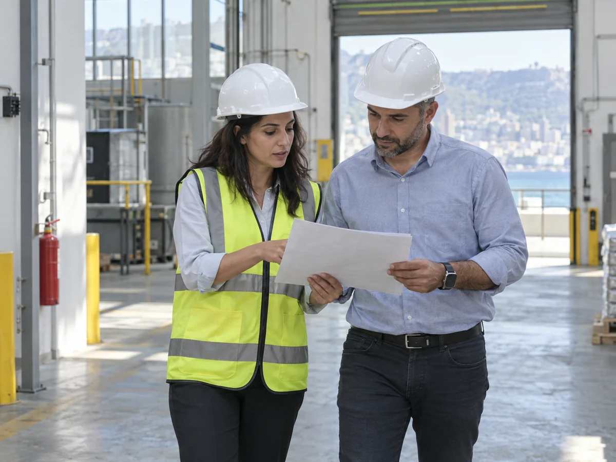 Safety consultant and facility manager reviewing site priorities during an organizational safety walk-through