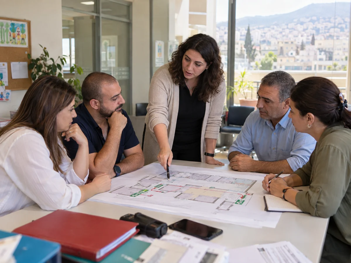 Public-facility staff reviewing emergency roles around a floor plan