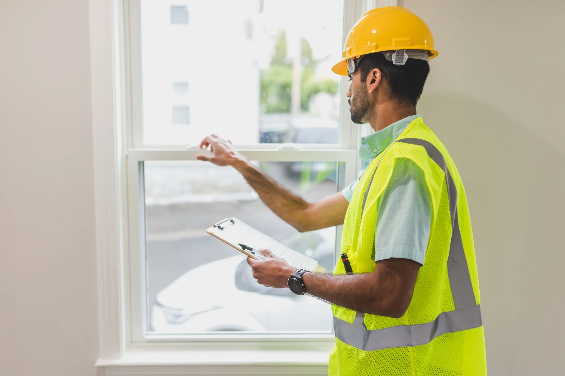 Inspector checking a window while wearing a hard hat and safety vest
