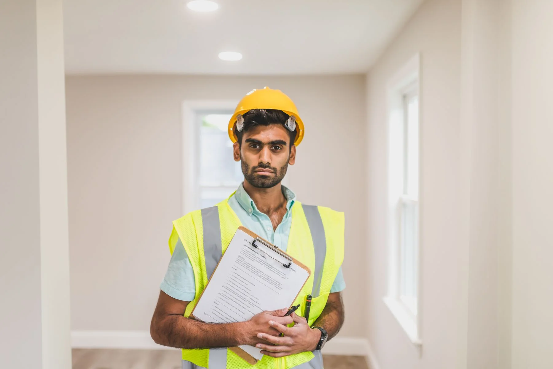Site inspector wearing a hard hat and safety vest — illustrative photograph